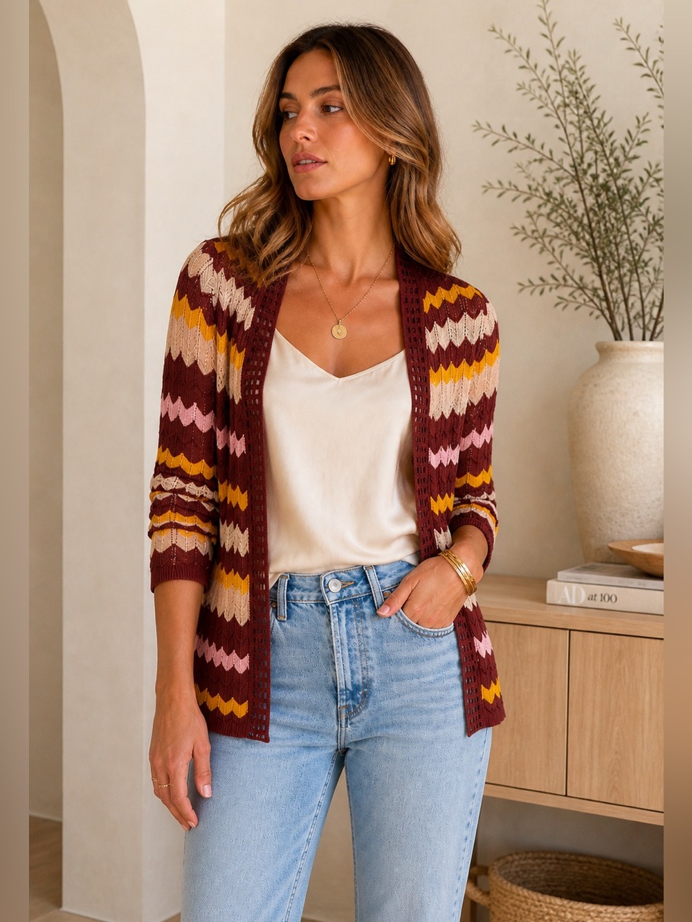 M Missoni Multicolor Chevron Open Front Knit Cardigan Size 40 | US 4-6